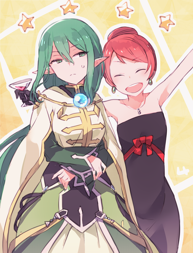 2girls, arm_up, bangs, black_dress, black_gloves, black_ribbon, closed_eyes, collarbone
