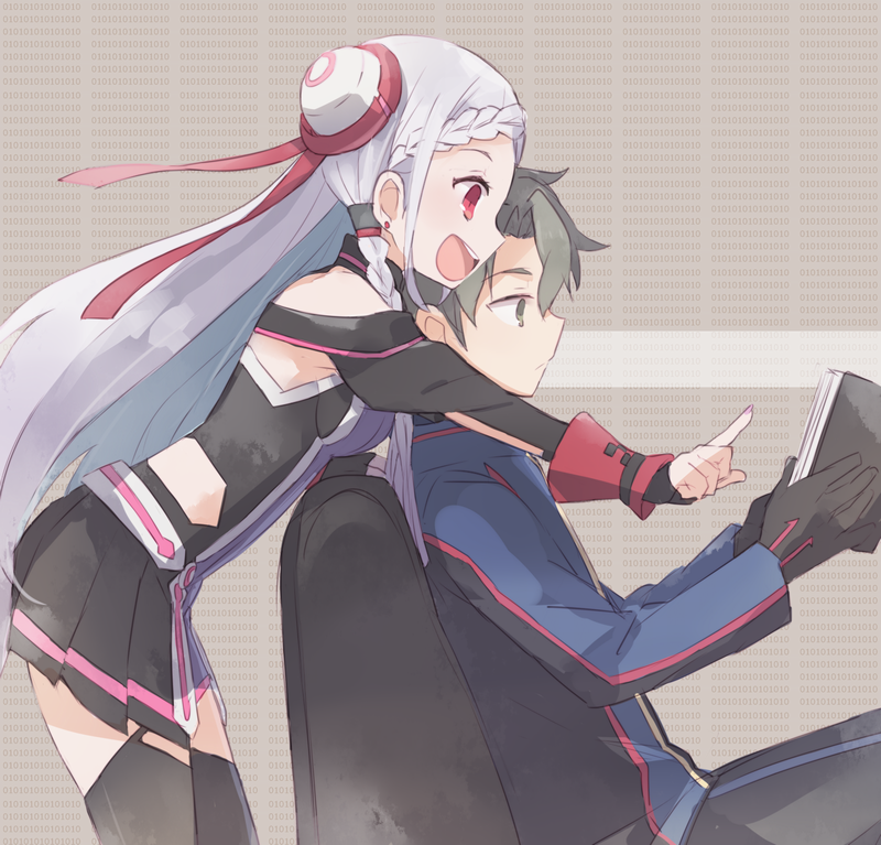 1boy, 1girl, :d, black_dress, black_gloves, black_legwear, black_sleeves, book