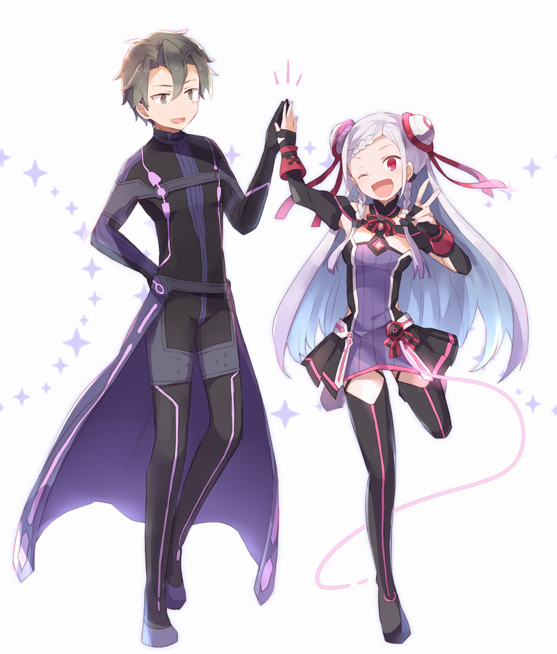 1boy, 1girl, :d, ;d, bangs, black_bodysuit, black_footwear, black_sleeves, bodysuit, boots, braid, breasts, brown_eyes, brown_hair, cape, detached_sleeves, double_bun, dress, eiji_(sao), floating_hair, french_braid, hair_ribbon, hand_on_hip, head_tilt, long_hair, long_sleeves, looking_at_viewer, one_eye_closed, open_mouth, oto_(rozeko), parted_bangs, purple_cape, purple_dress, red_eyes, red_ribbon, ribbon, short_dress, silver_hair, small_breasts, smile, sword_art_online, sword_art_online_the_movie:_ordinal_scale, thigh-highs, thigh_boots, v, very_long_hair, waist_cape, white_background, yuna_(sao)