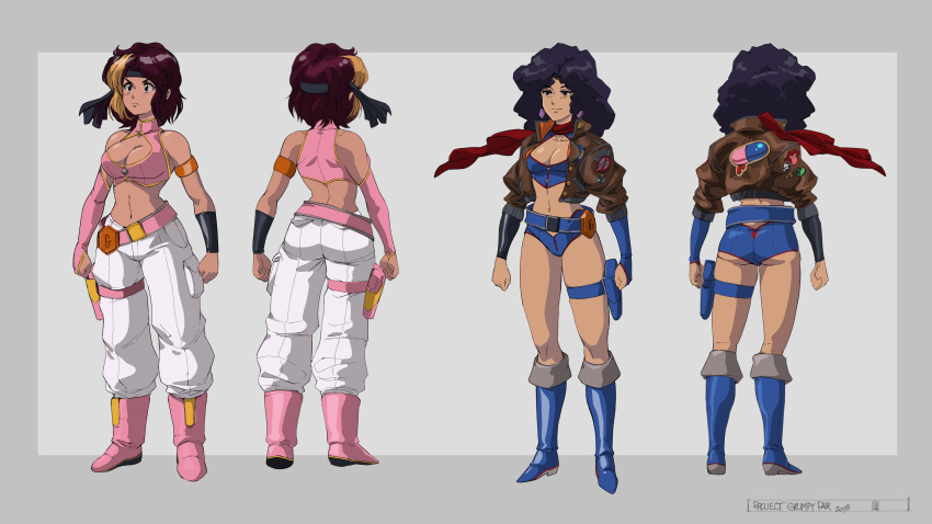 2girls, 80s, absurdres, arina_(game_grumps), ass, baggy_pants, boots, breasts, character_profile, character_sheet, cleavage, commentary, concept_art, curly_hair, danielle_(game_grumps), david_liu, detached_sleeves, english_commentary, flat_ass, full_body, game_grumps, headband, highres, holster, jacket, large_breasts, leather, leather_jacket, long_hair, medium_breasts, multicolored_hair, multiple_girls, multiple_views, oldschool, pants, pink_sleeves, red_scarf, scarf, short_shorts, shorts, streaked_hair, thigh_holster, thigh_strap, turnaround