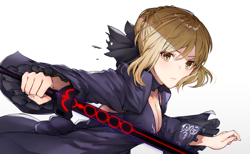1girl, absurdres, artoria_pendragon_(all), bangs, black_cola, black_dress, black_footwear, black_skirt, blonde_hair, braid, breasts, brown_eyes, cleavage, closed_mouth, clouds, cloudy_sky, commentary_request, dark_excalibur, dress, excalibur_morgan_(fate), eyebrows_visible_through_hair, fate/grand_order, fate/stay_night, fate_(series), fingernails, formal, full_body, gradient, gradient_background, grey_background, hair_between_eyes, hair_bun, high_heels, highres, holding, holding_sword, holding_weapon, long_skirt, long_sleeves, medium_breasts, outdoors, outstretched_arm, saber_alter, shrug_(clothing), sideboob, sidelocks, sinoe_(eno_1611), skirt, skirt_suit, sky, small_breasts, solo, standing, suit, sword, tied_hair, weapon, white_background, wide_sleeves, yellow_eyes