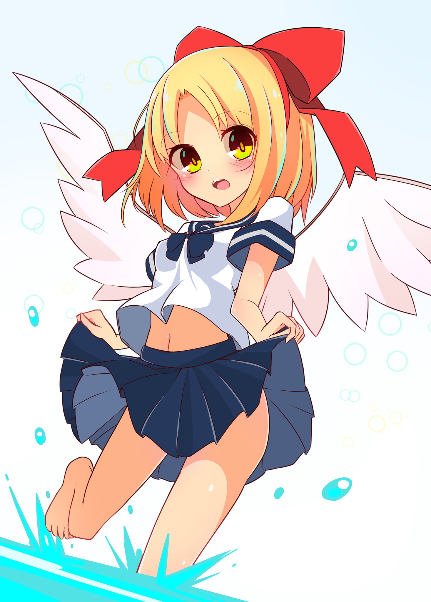 1girl, angel_wings, barefoot, blonde_hair, blue_skirt, bow, brown_eyes, check_commentary