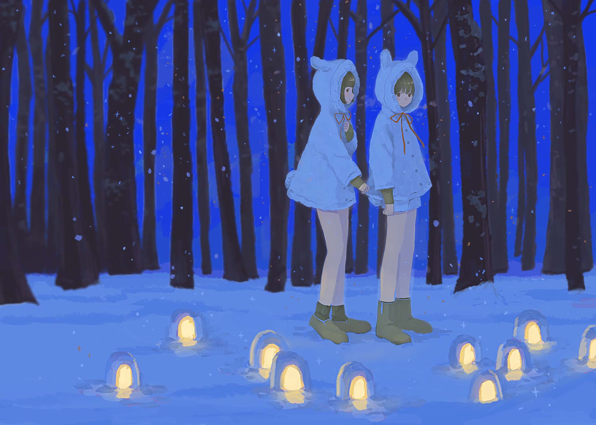 1boy, 1girl, acrylic_paint_(medium), animal_hood, bangs, bare_tree, black_eyes, black_hair