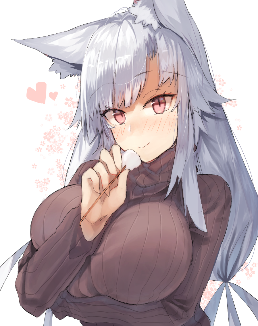 1girl, animal_ear_fluff, animal_ears, arm_under_breasts, bangs, blush, breasts, brown_sweater