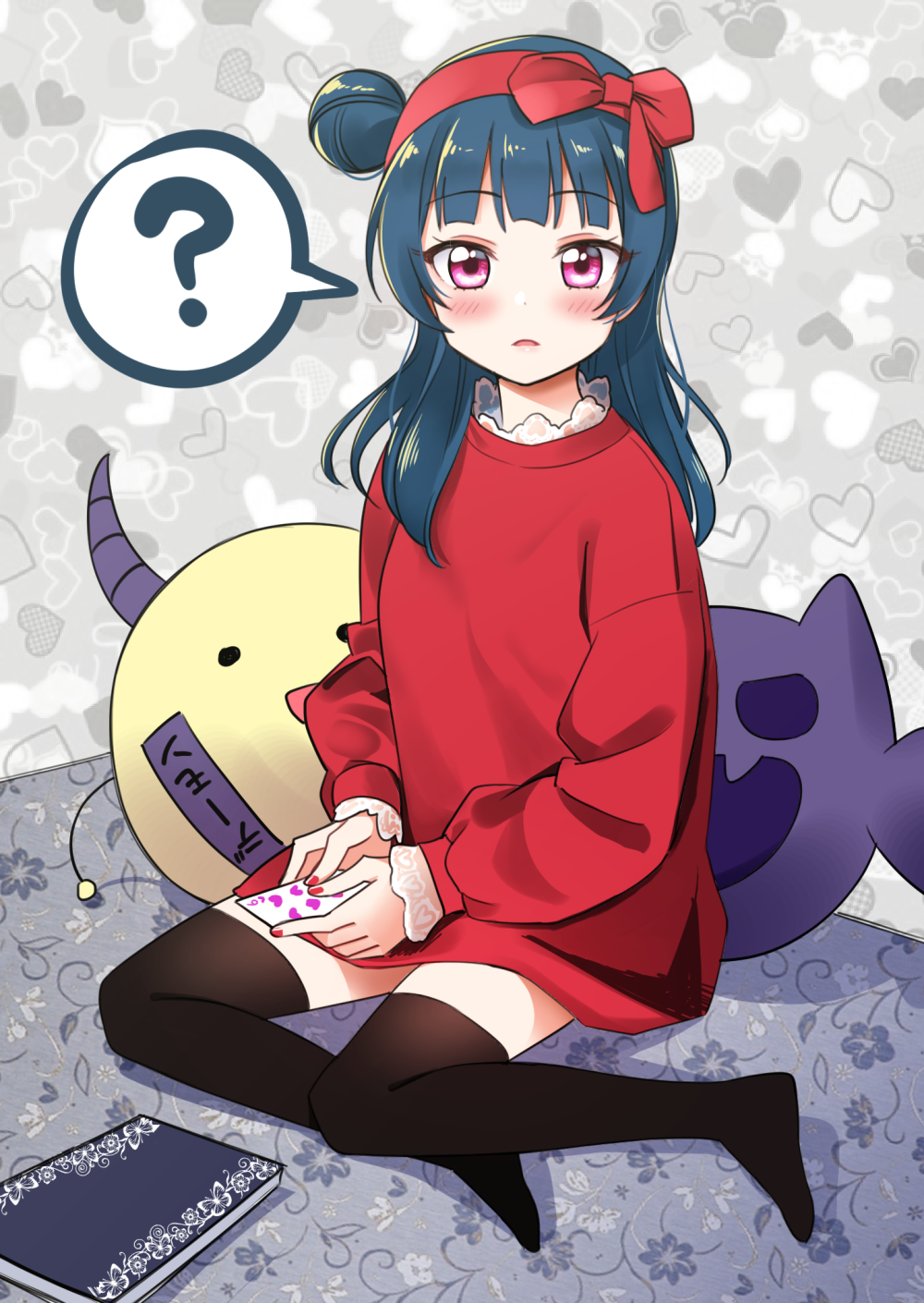 ._., 1girl, :d, ?, bangs, black_legwear, blue_hair, blush