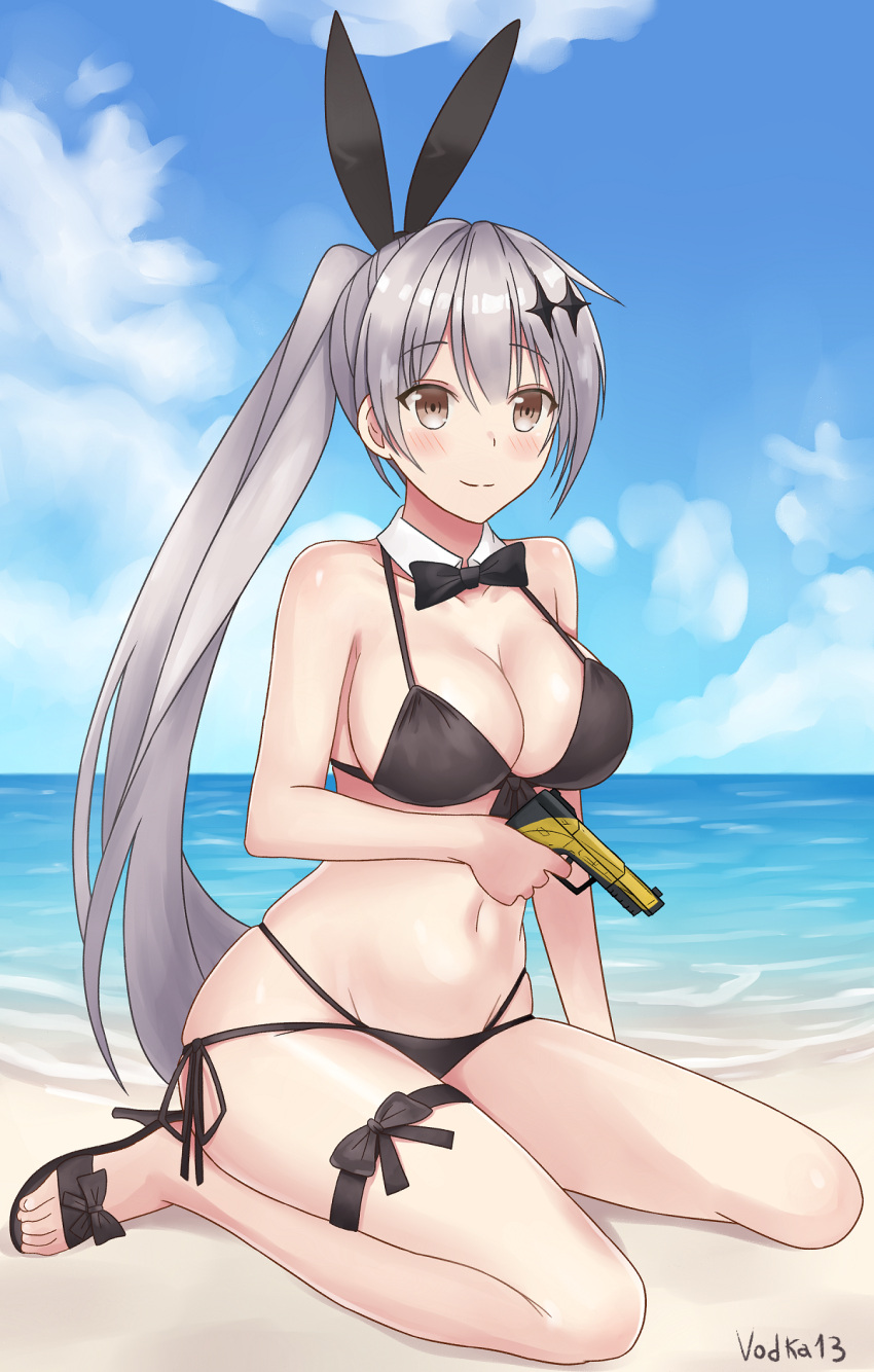 1girl, artist_name, banana, beach, bikini, blush, bow, bowtie