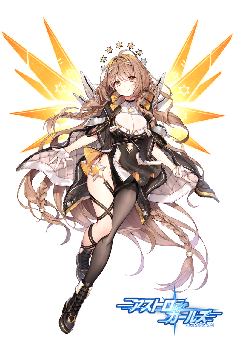 1girl, ahoge, astro_and_girls, asymmetrical_legwear, black_footwear, black_legwear, braid, breasts