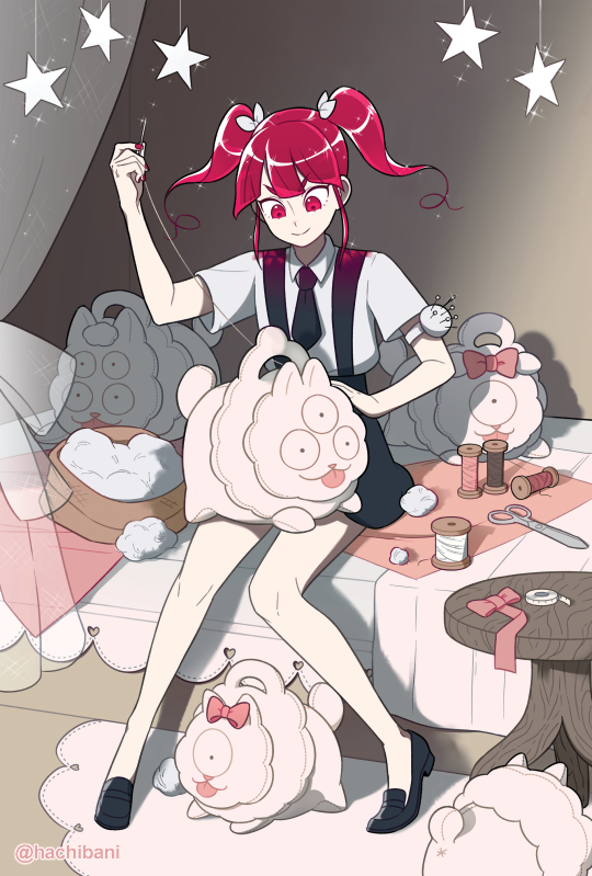 >:), 1other, androgynous, curtains, doll, hachibani, hair_tie, holding_needle, houseki_no_kuni, necktie, needle, pincushion, red_beryl_(houseki_no_kuni), school_uniform, scissors, sewing, sewing_needle, sidelocks, smile, spool, star, string, twintails