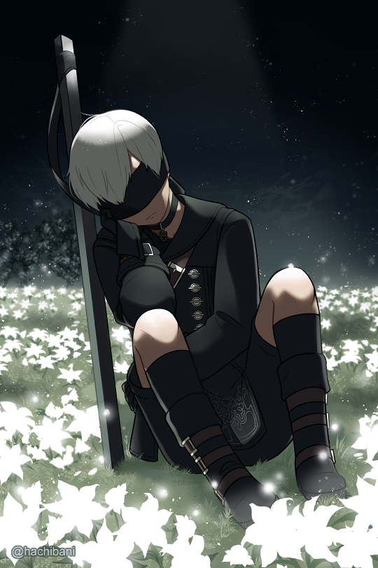 1boy, black_footwear, black_jacket, blindfold, collar, field, flower, flower_field, frown, full_body, hachibani, head_rest, jacket, light, male_focus, nier_(series), nier_automata, shorts, sitting, solo, white_hair, yorha_no._9_type_s