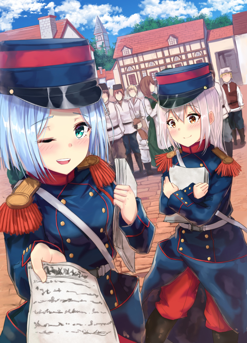 1girl, 4girls, 5boys, apron, belt, black_hair, blue_hair, blush