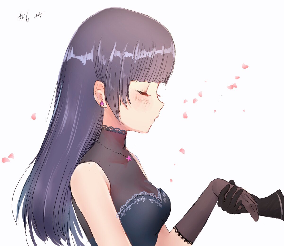 1girl, bangs, bare_shoulders, black_gloves, black_hair, blunt_bangs, blush, breasts