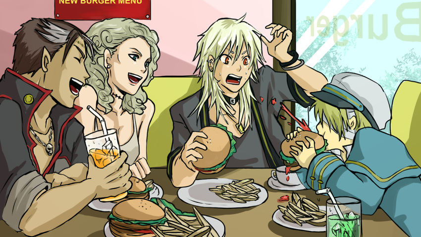1girl, 3boys, big_al, blonde_hair, booth, choker, diner, dress