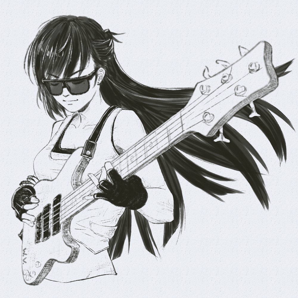 1girl, alternate_costume, azur_lane, bangs, black_gloves, black_hair, electric_guitar, gloves