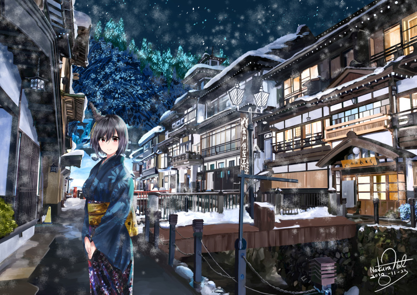 1girl, alley, architecture, black_hair, blue_kimono, bridge, brown_eyes, dated