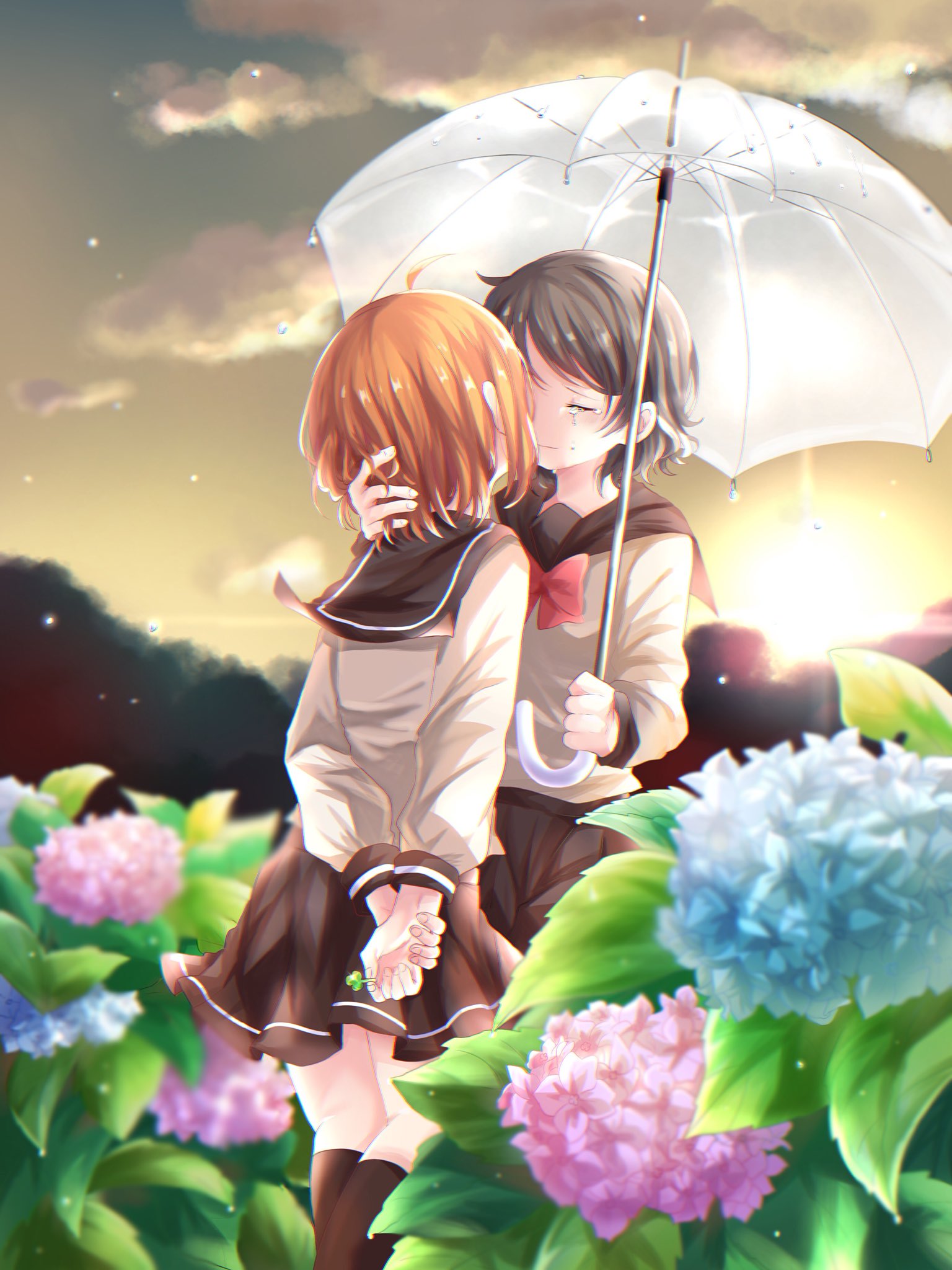 2girls, ahoge, arms_behind_back, black_legwear, black_sailor_collar, black_skirt, blue_flower, bow