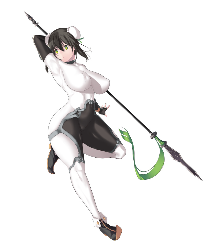 1girl, :o, absurdres, aster_crowley, black_footwear, black_hair, bodysuit, breasts, bun_cover, chinese_clothes, covered_nipples, double_bun, fate/grand_order, fate_(series), fingerless_gloves, full_body, gloves, green_eyes, hair_between_eyes, highres, large_breasts, looking_back, polearm, qin_liangyu_(fate), sidelocks, simple_background, solo, spear, standing, standing_on_one_leg, thick_thighs, thighs, weapon, white_background