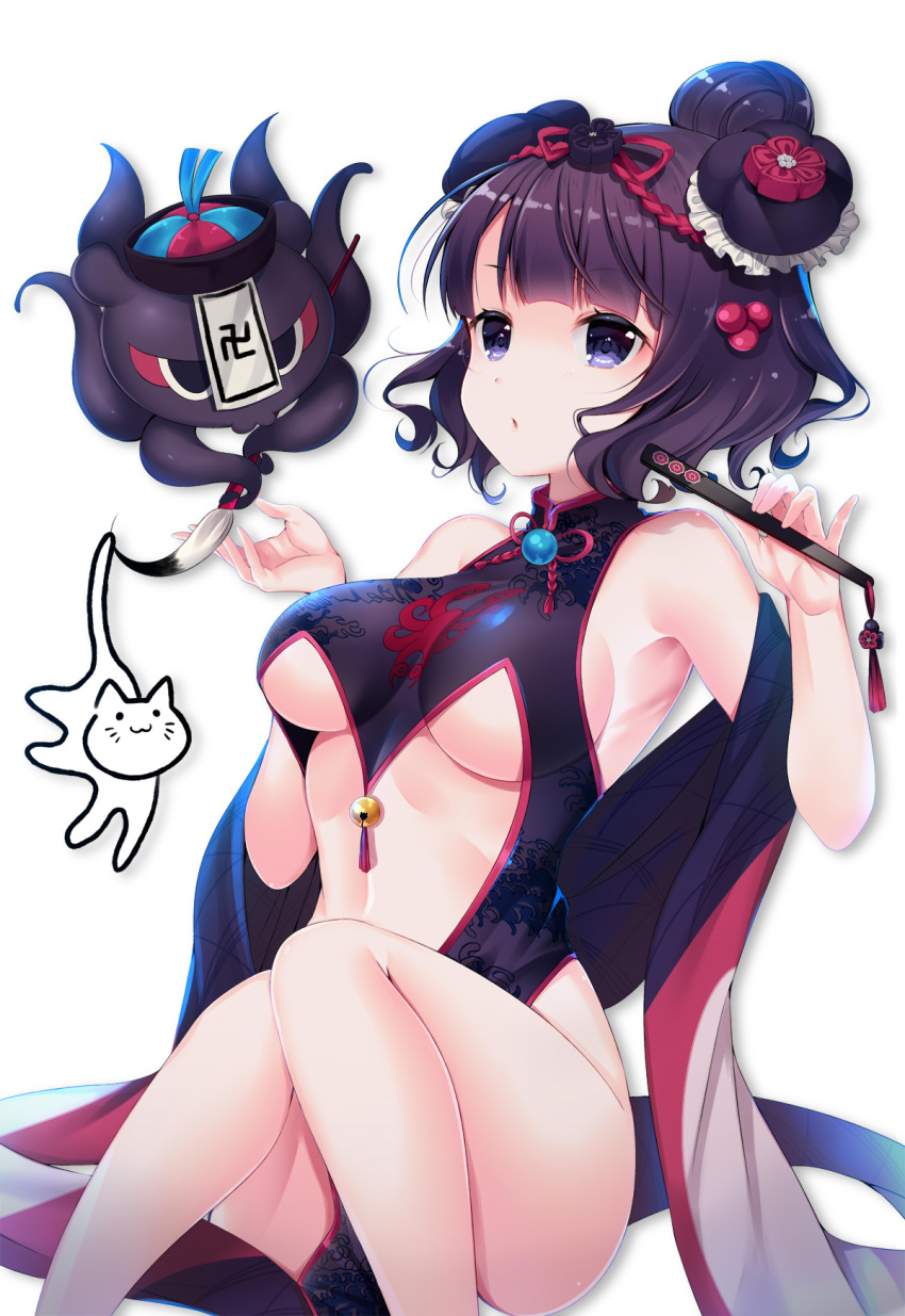 1girl, animal, bangs, bare_legs, bare_shoulders, bell, black_dress, breasts
