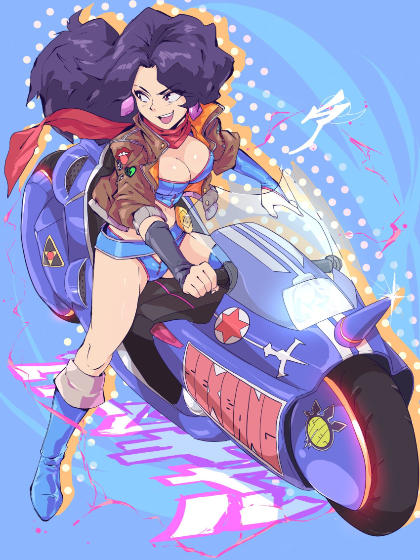 1girl, aetherion, belt, black_hair, boots, breasts, brown_eyes, cleavage