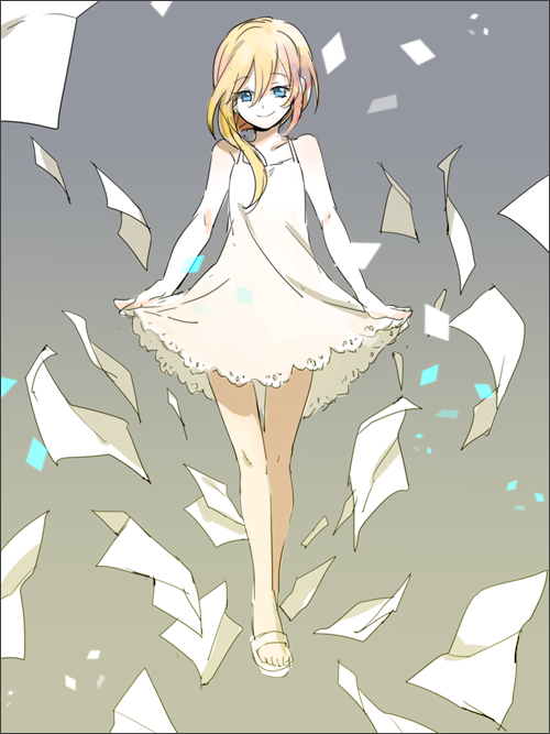 1girl, bangs, bare_arms, bare_shoulders, blonde_hair, blue_eyes, closed_mouth, collarbone