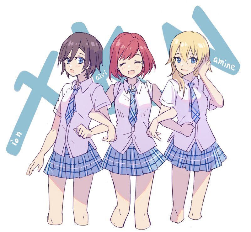3girls, :d, ^_^, bangs, black_hair, blonde_hair, blue_eyes, blue_neckwear