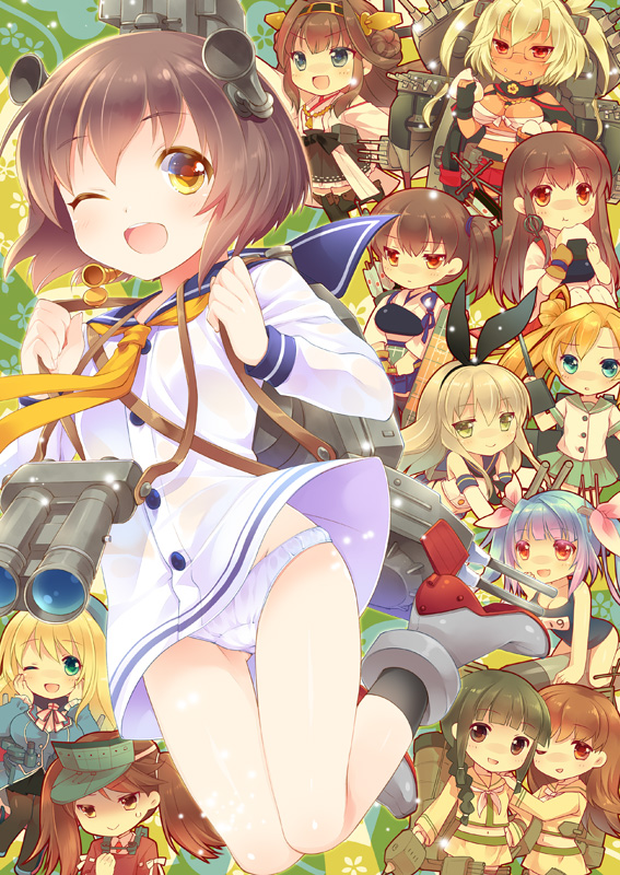 6+girls, abukuma_(kantai_collection), ahoge, akagi_(kantai_collection), arm_(artist), arm_support, arrow, ass_visible_through_thighs