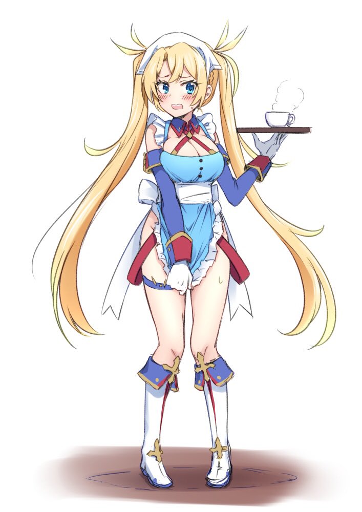 1girl, apron, apron_pull, bangs, bare_shoulders, blonde_hair, blue_apron, blue_collar