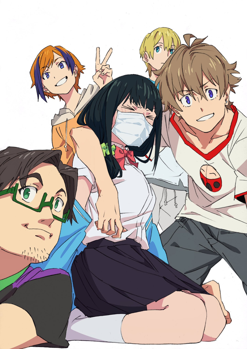 >_<, 1girl, 4boys, arai_hiroki, arii_(ssss._gridman), arm_around_shoulder, black_hair, black_skirt, blonde_hair, blue_eyes, blush, brown_hair, extra, glasses, green-framed_eyewear, grey_pants, hassu, highres, hood, hoodie, imai_(ssss._gridman), kneeling, long_hair, looking_at_viewer, low-tied_long_hair, multicolored_hair, multiple_boys, orange_hair, orange_hoodie, pants, pleated_skirt, rectangular_eyewear, school_uniform, scrunchie, seiza, semi-rimless_eyewear, shirt, short_sleeves, simple_background, sitting, skirt, smile, socks, ssss.gridman, streaked_hair, surgical_mask, t-shirt, takato_(ssss._gridman), under-rim_eyewear, v, violet_eyes, white_background, white_legwear, yamato_(ssss._gridman)