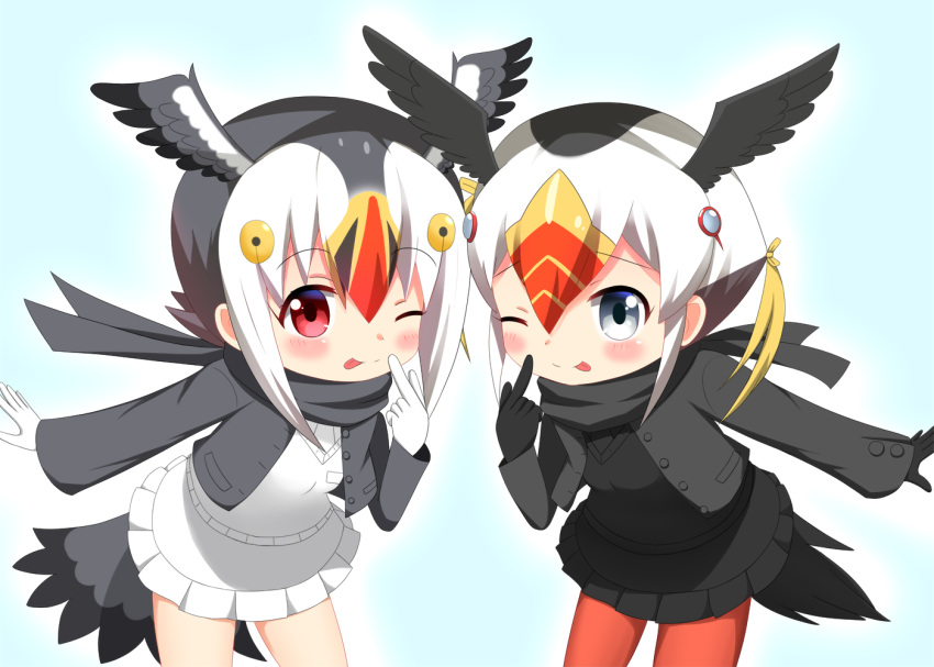 2girls, ;p, atlantic_puffin_(kemono_friends), bangs, bird_tail, black_gloves, black_hair, black_jacket, black_scarf, black_shirt, black_skirt, black_wings, blonde_hair, blush, commentary_request, eyebrows_visible_through_hair, feathered_wings, frilled_skirt, frills, gloves, grey_eyes, grey_wings, hair_between_eyes, hand_up, head_wings, index_finger_raised, jacket, kemono_friends, leaning_forward, long_sleeves, multicolored_hair, multiple_girls, one_eye_closed, open_clothes, open_jacket, pantyhose, red_eyes, red_legwear, redhead, scarf, shin01571, shirt, sidelocks, skirt, smile, standing, sweater_vest, tongue, tongue_out, tufted_puffin_(kemono_friends), two-tone_hair, white_gloves, white_hair, white_shirt, white_skirt, wings