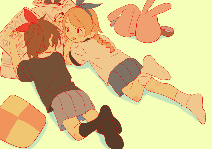 2girls, animal_ears, bag, black_shirt, blue_ribbon, crayon, cushion, d.y.x., hair_ribbon, haru_(yomawari), looking_at_another, lying, multiple_girls, on_floor, on_stomach, paper, pleated_skirt, ponytail, rabbit_ears, red_ribbon, ribbon, school_uniform, shirt, short_sleeves, shoulder_bag, skirt, socks, white_shirt, yomawari, yomawari:_midnight_shadows, yui_(yomawari)