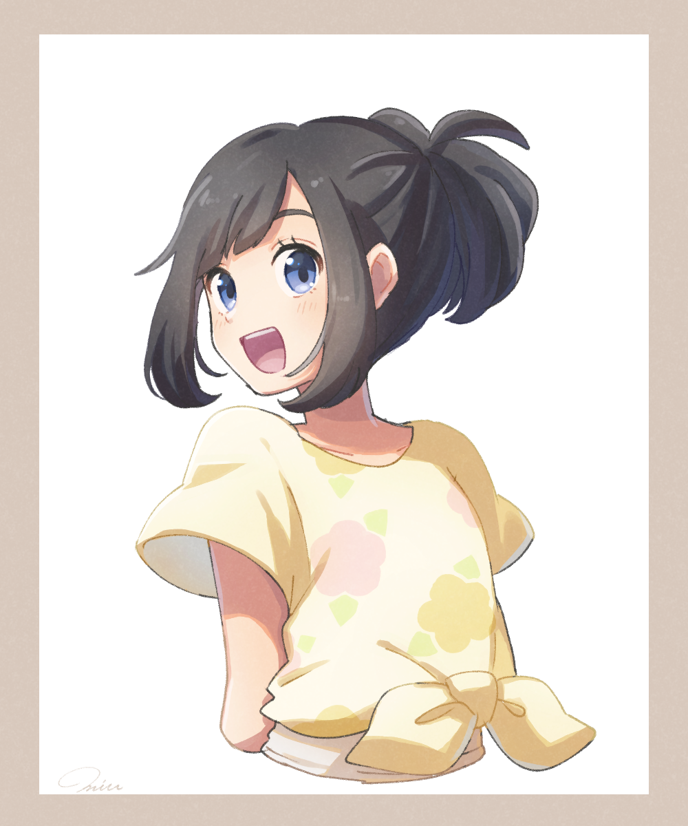 1girl, alternate_hairstyle, arms_behind_back, black_hair, blue_eyes, blush, border, creatures_(company)