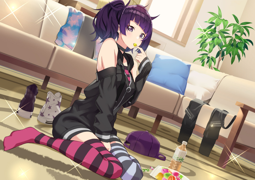 1girl, ahoge, bangs, bare_shoulders, between_legs, black_choker, black_dress, black_footwear
