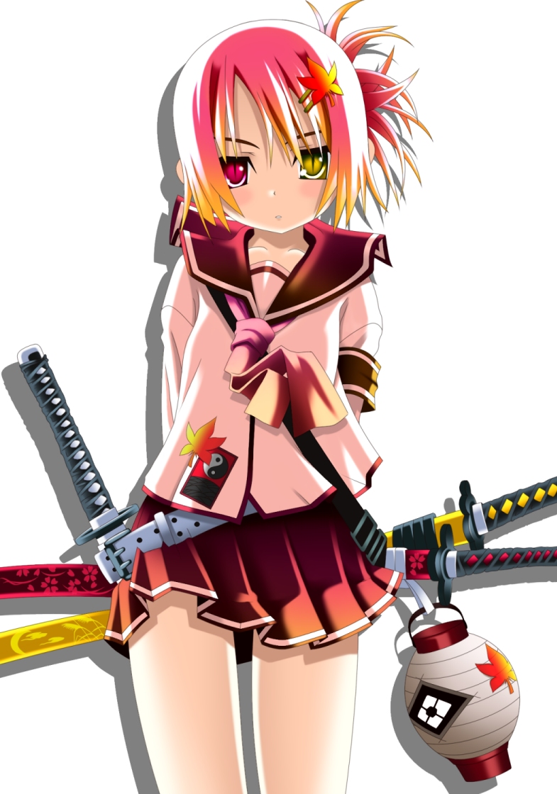 bad_id, belt, derivative_work, gradient_hair, hair_ornament, hairclip, heterochromia, katana
