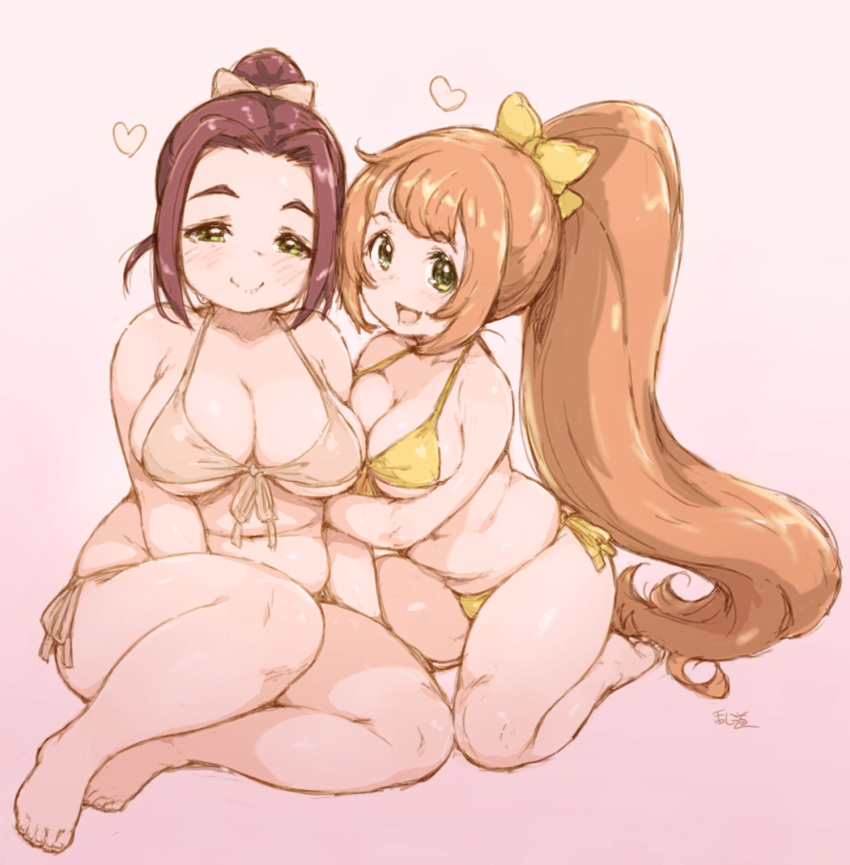 2girls, :d, arm_hug, bangs, barefoot, bikini, blush, bow