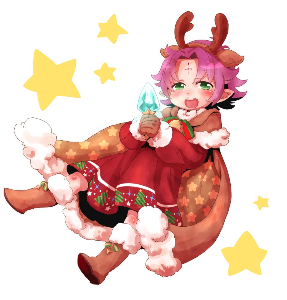 1girl, antlers, bell, boots, bow, brown_gloves, cape, dress