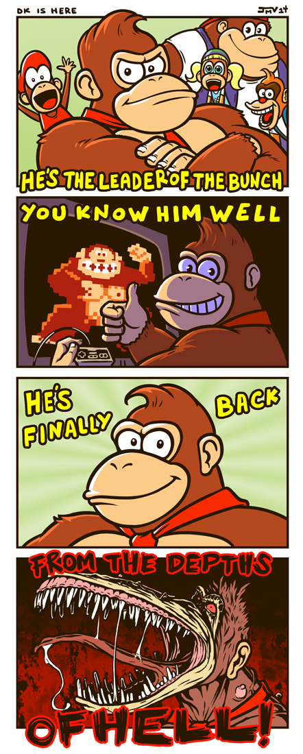 1girl, 4boys, 4koma, :d, animal, blonde_hair, character_request, closed_mouth, comic, commentary, controller, diddy_kong, dixie_kong, donkey_kong, donkey_kong_(series), english_commentary, english_text, game_controller, grin, holding, horror_(theme), kaigetsudo, lanky_kong, long_tongue, looking_at_viewer, looking_back, multiple_boys, nintendo, open_mouth, pixelated, red_sclera, saliva, sharp_teeth, smile, teeth, television, thumbs_up, tongue, twintails