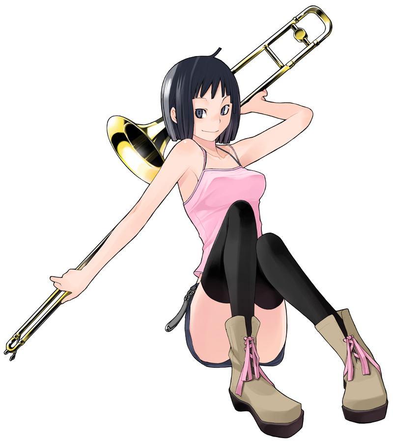 belt, black_eyes, black_hair, blue_eyes, bob_cut, boots, camisole, instrument
