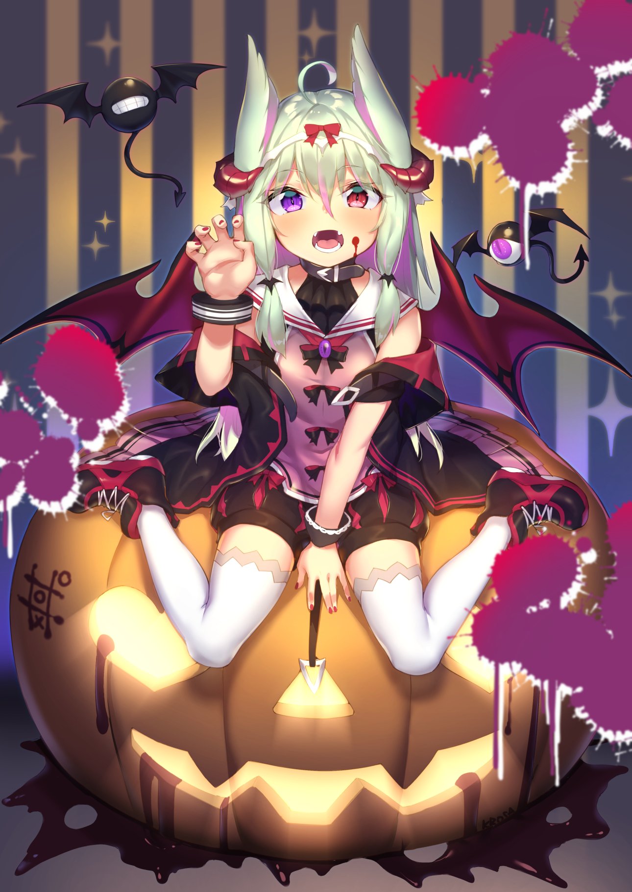 1girl, ahoge, animal_ears, bangs, bat, between_legs, black_neckwear, blood