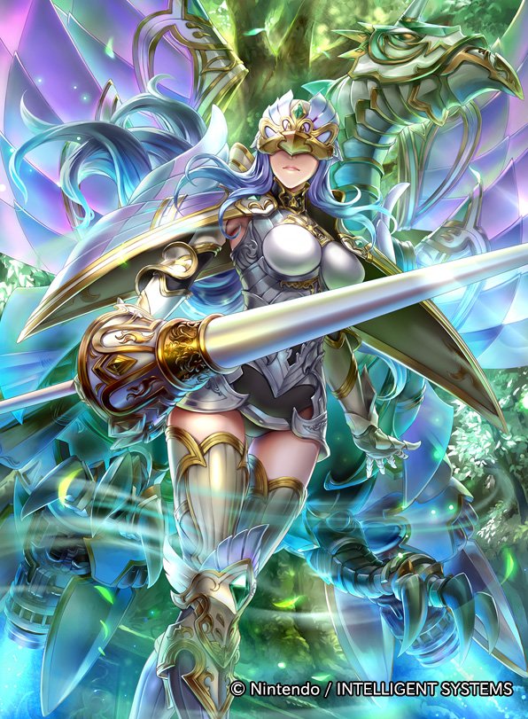 1girl, armor, blue_hair, breasts, closed_mouth, company_name, copyright_name, fire_emblem_cipher