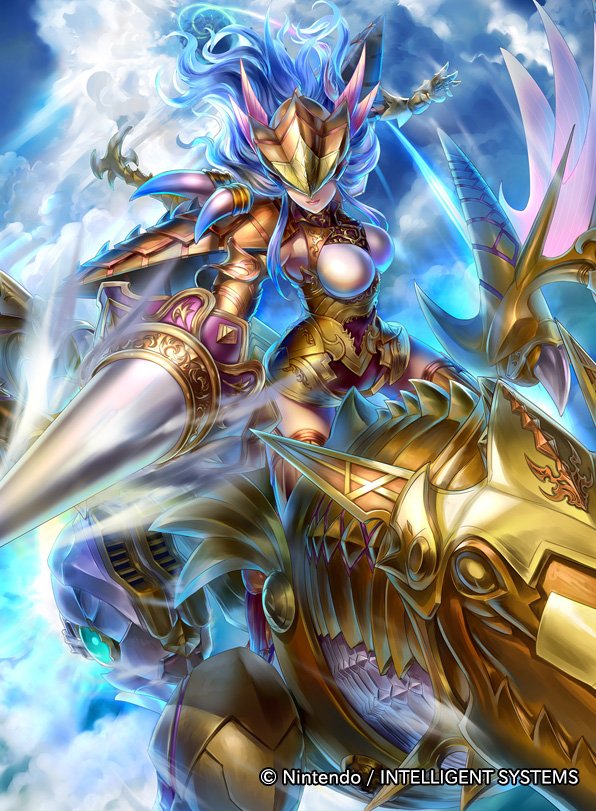 1girl, armor, blue_hair, breasts, closed_mouth, clouds, company_name, copyright_name