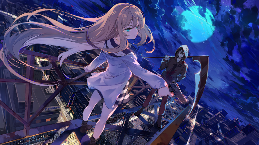 1boy, 1girl, aqua_eyes, baisi_shaonian, bandage_on_face, bangs, black_footwear, black_hair