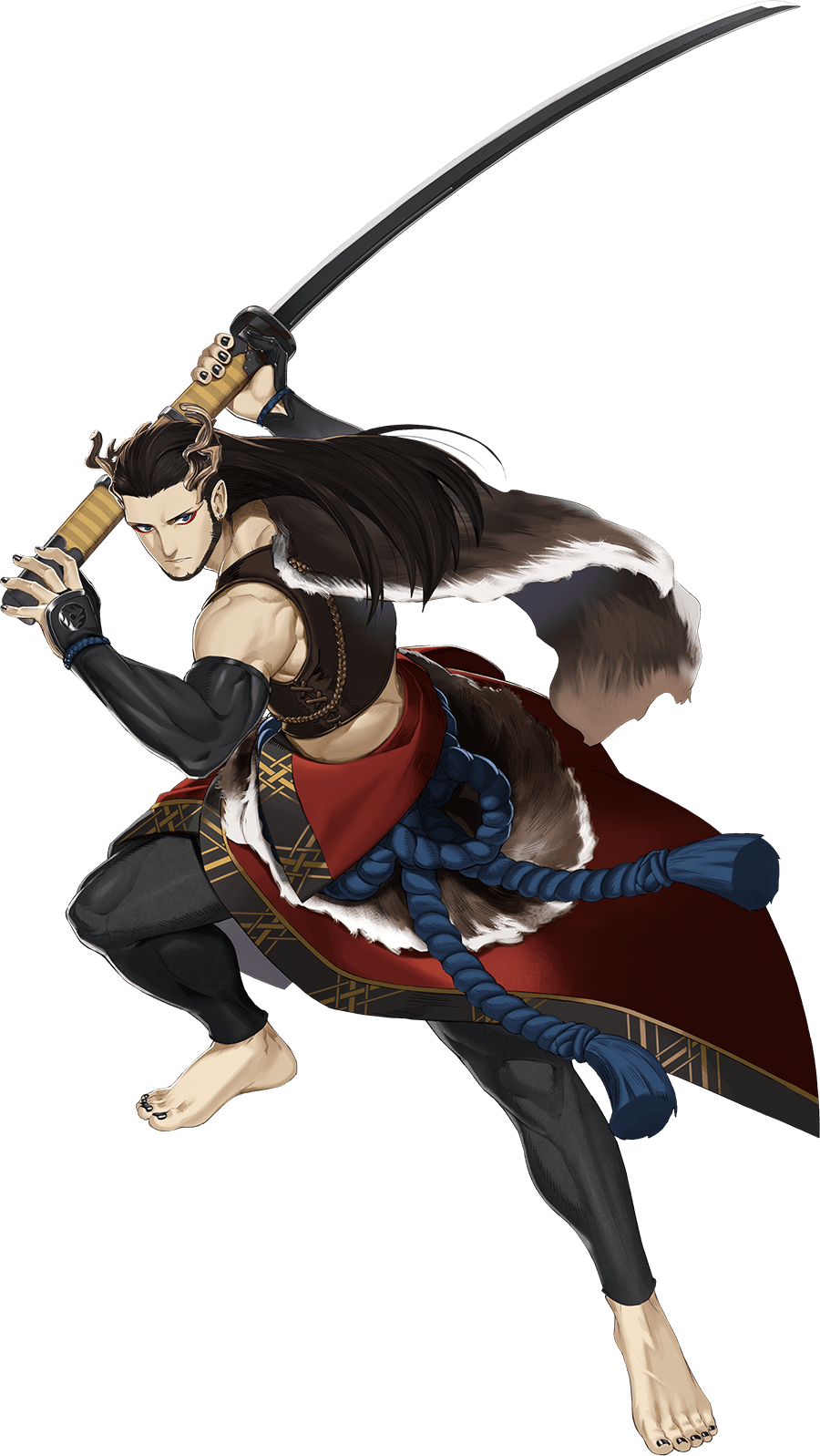 1boy, barefoot, beard, black_hair, black_legwear, black_nails, facial_hair, highres