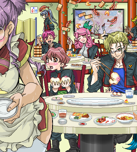 everyone, kisou_nowora, lowres, macross, macross_frontier, oekaki, restaurant, waitress
