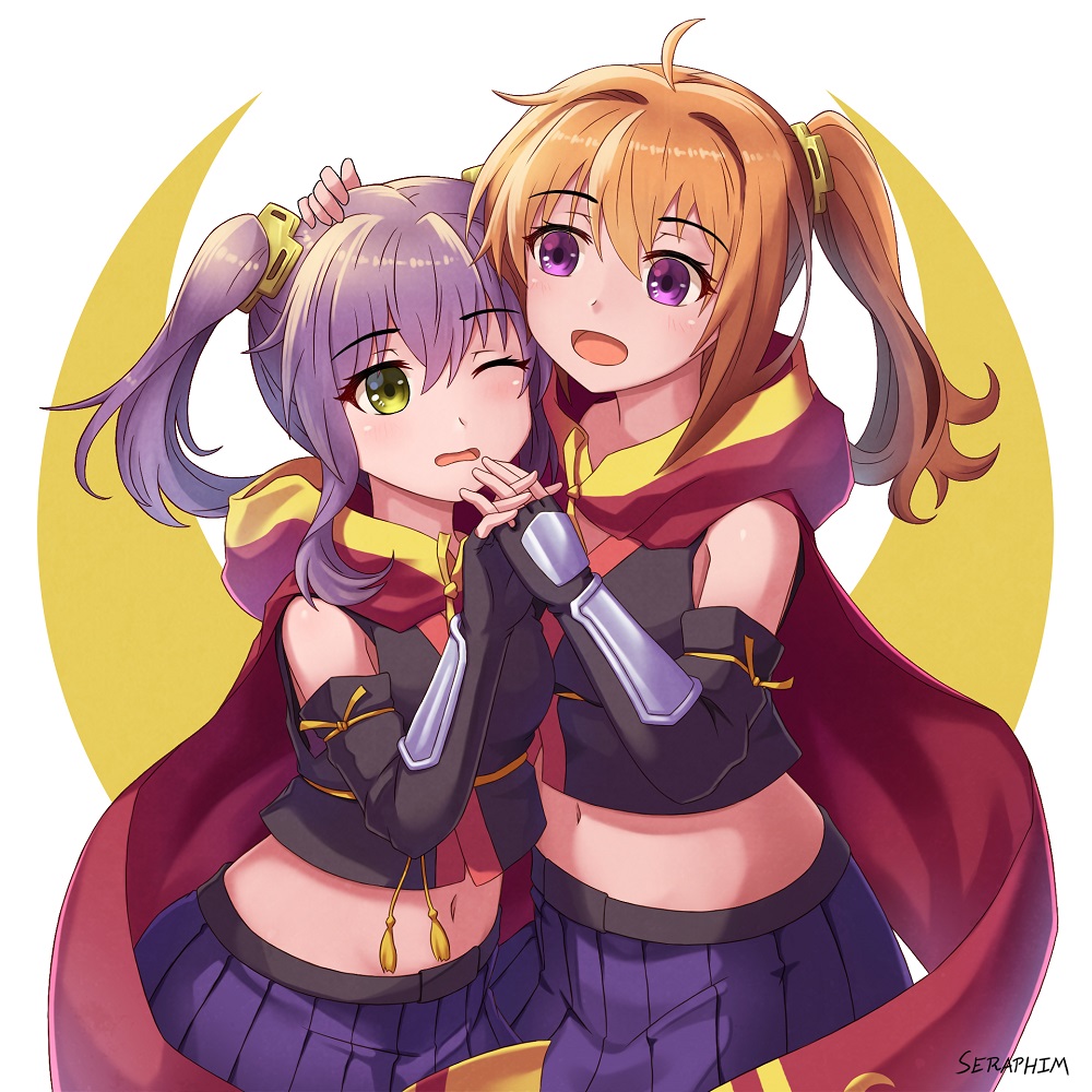 2girls, artist_name, black_gloves, cowboy_shot, crescent, fingerless_gloves, gauntlets, gloves