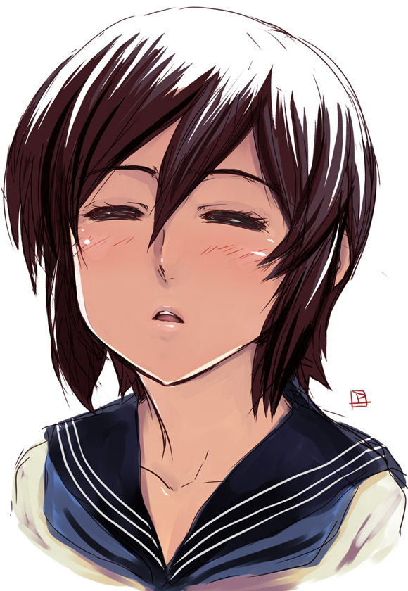blush, brown_hair, bust, closed_eyes, mikamo_chiko, mikamo_chizuko, nijuu-mensou_no_musume, portrait, short_hair, weshika