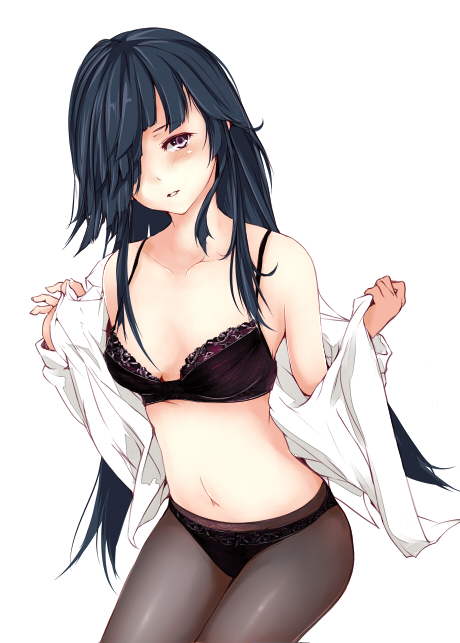 1girl, bangs, bare_shoulders, black_bra, black_panties, blush, bra, breasts