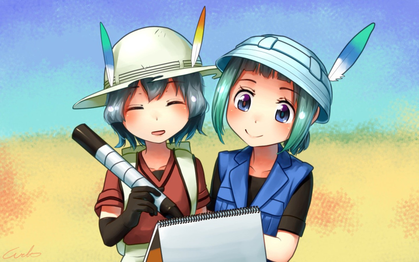 2girls, :d, ^_^, aqua_hair, asymmetrical_pupils, backpack, bag, bangs