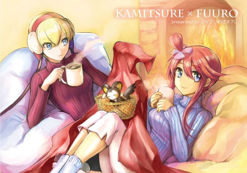 2girls, blonde_hair, blue_eyes, blue_legwear, blue_sweater, brown_hair, casual, character_name