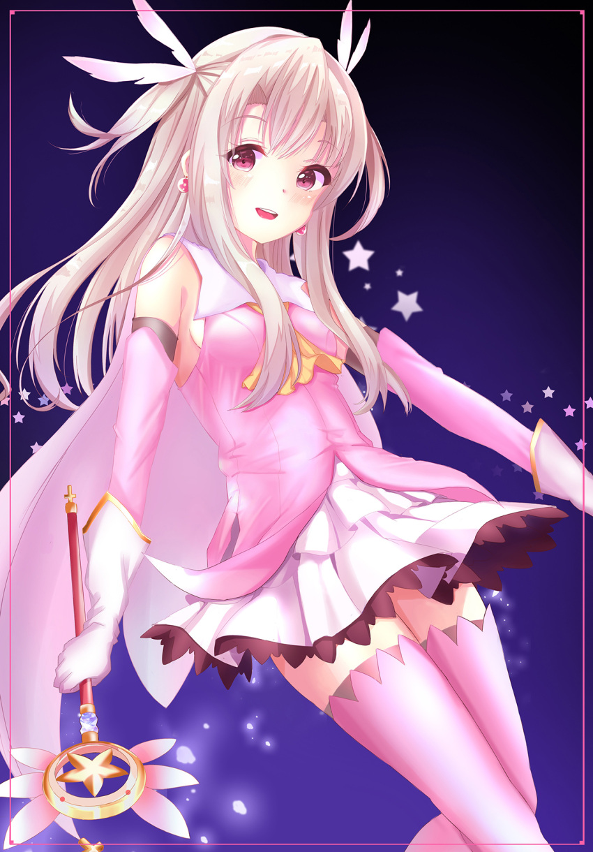 1girl, :d, boots, detached_sleeves, earrings, fate/kaleid_liner_prisma_illya, fate_(series), feathers, floating_hair, gloves, grey_legwear, hair_feathers, highres, holding, holding_staff, jewelry, layered_skirt, long_hair, long_sleeves, looking_at_viewer, miniskirt, open_mouth, oz-da-yon, pink_feathers, pink_footwear, pink_shirt, pink_sleeves, pleated_skirt, prisma_illya, red_eyes, shirt, silver_hair, skirt, sleeveless, sleeveless_shirt, smile, solo, staff, thigh-highs, thigh_boots, two_side_up, white_gloves, white_skirt