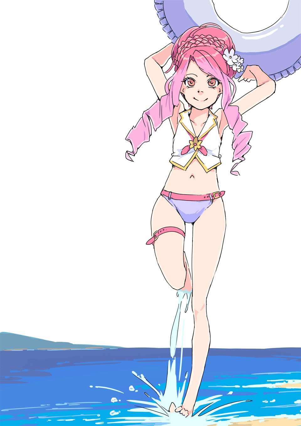 1girl, aikatsu!_(series), aikatsu_stars!, akinbo_(hyouka_fuyou), armpits, arms_up, bangs, beach