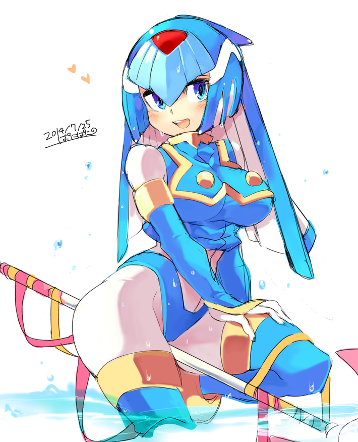 1girl, android, blue_eyes, blush, breasts, commentary_request, dated, hand_on_own_thigh, head_tilt, helmet, iroyopon, large_breasts, leviathan_(rockman), open_mouth, riding, rockman, rockman_zero, signature, simple_background, smile, solo, staff_riding, thigh-highs, white_background